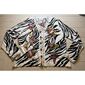 Just B Zebra Cardigan Women's Sweater Floral Beaded Embroidery Ornate Buttons XL